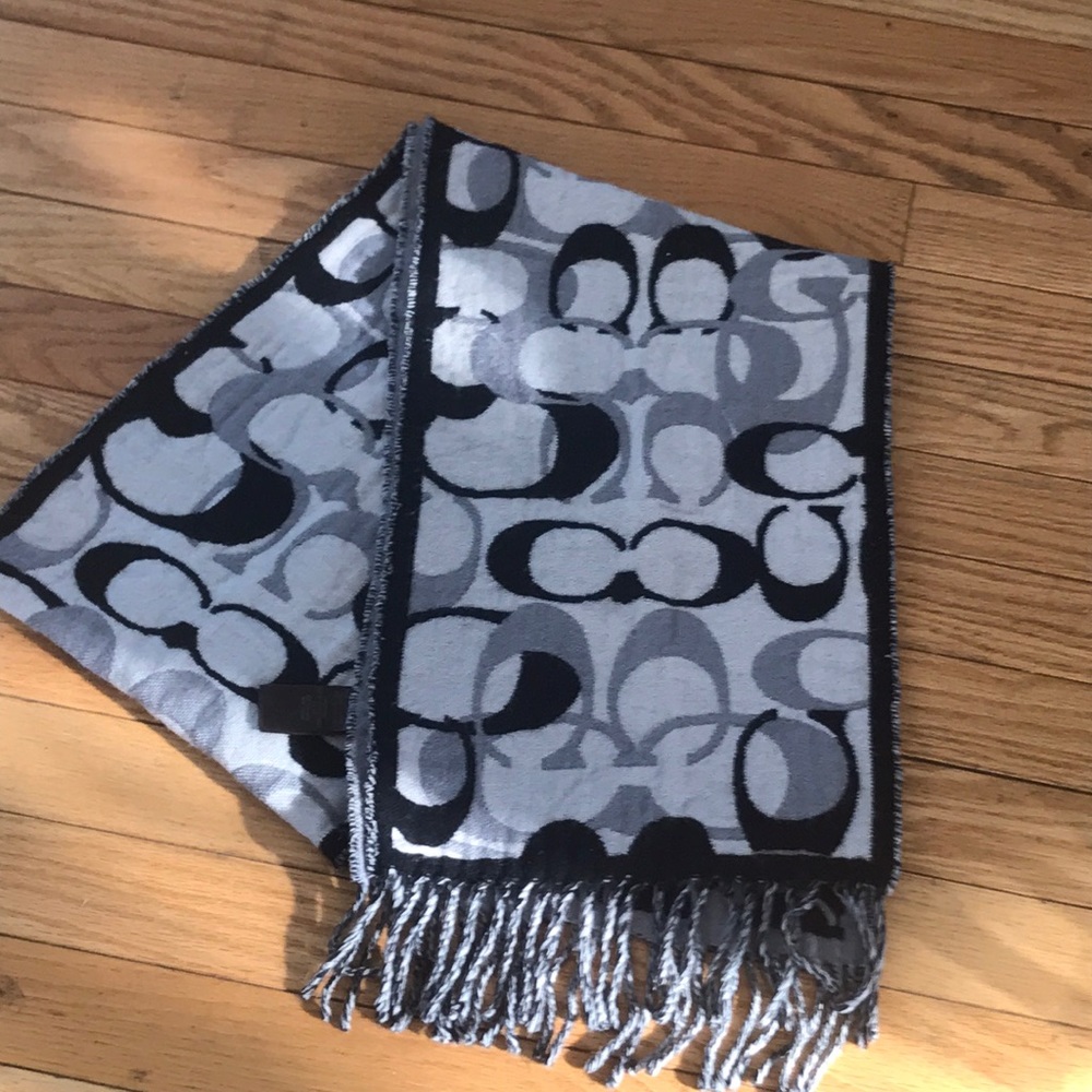 Black gray and white scarf coach brand